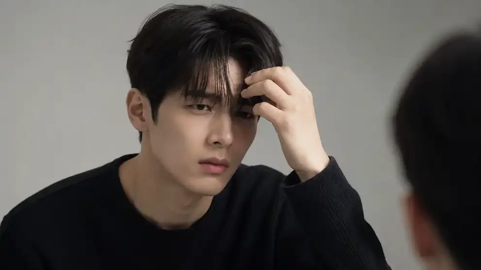 가발 앞머리 갈라짐 현상을 보여주는 남성 모델 사진