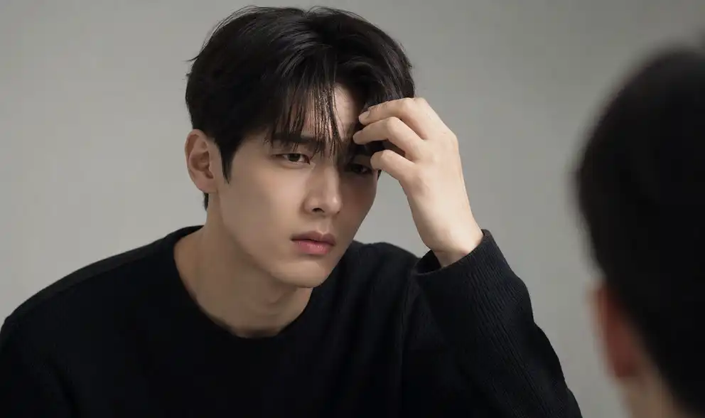 No.052 가발 앞머리는 왜 자꾸 갈라질까? 뿌리 방향과 커트선으로 보는 원인 가발 앞머리 갈라짐 현상을 보여주는 남성 모델 사진