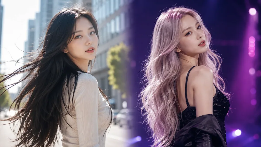 No.058 긴 가발은 왜 움직임이 중요할까? 일상과 무대의 소재 차이 일상에서 자연스럽게 흩날리는 인모 가발(왼쪽)과 무대에서 특수 컬러를 표현한 인조모 가발(오른쪽) 비교