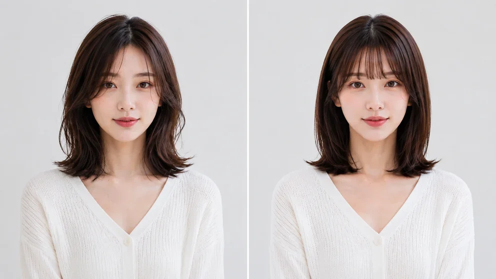 어깨선과 모발 끝이 자연스럽게 연결된 중단발 가발