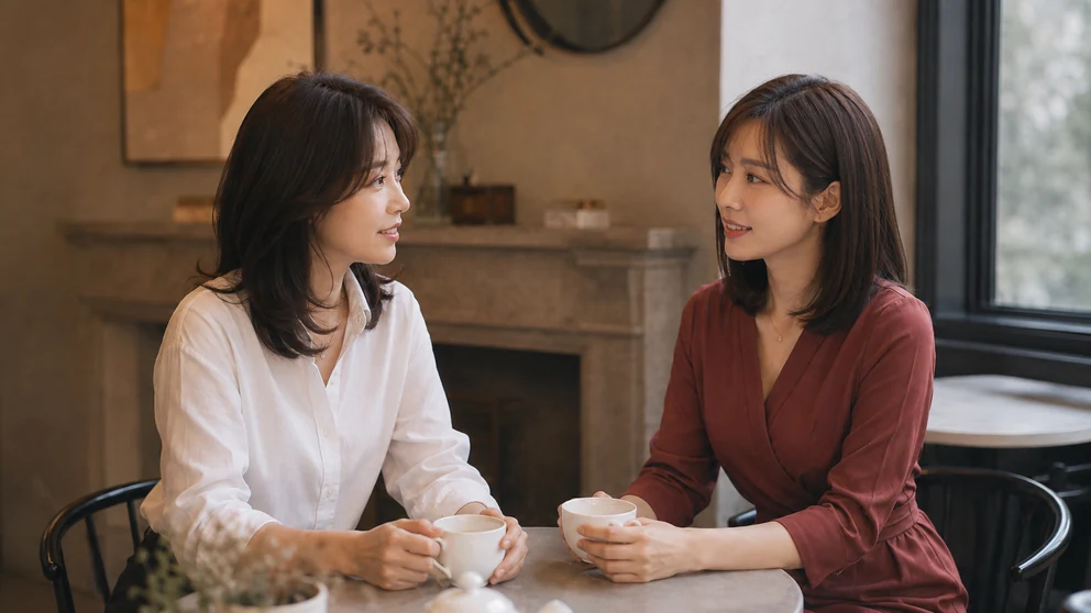 창가 자연광과 실내조명이 만나는 자리에서 브라운 가발 컬러를 확인하는 여성