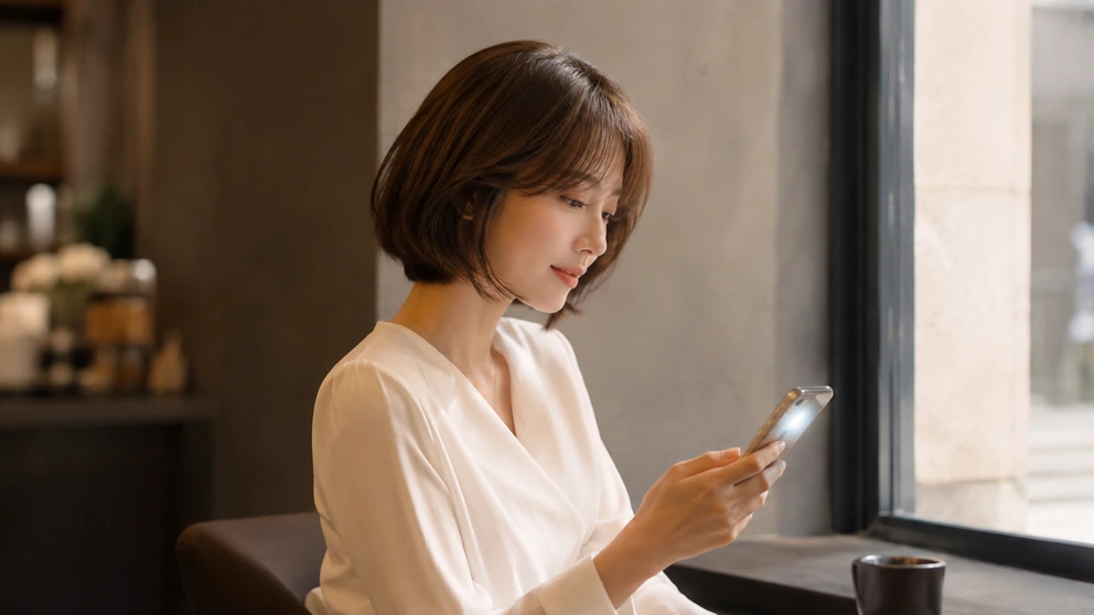 스마트폰 화면으로 가발 상품 사진의 색을 확인하는 여성