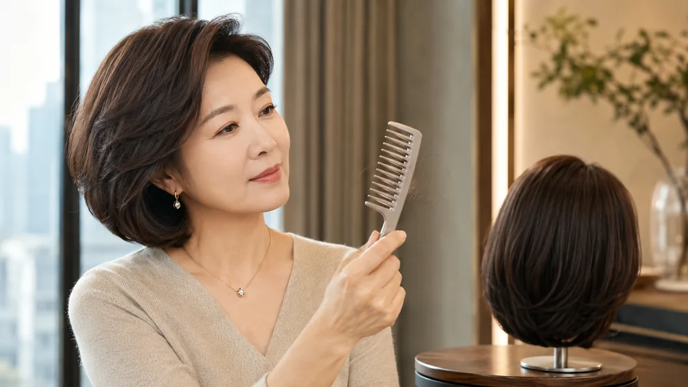 No.089 가발 모발이 자꾸 빠질 때, 그냥 둬도 되는 빠짐과 수선이 필요한 빠짐 가발을 빗은 뒤 빗에 남은 몇 가닥의 모발을 확인하는 여성