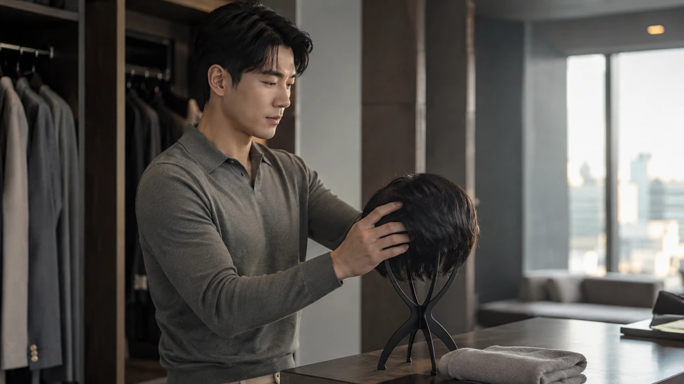 가발 착용 후 통풍이 되는 가발걸이에 전체가발을 말리는 모습