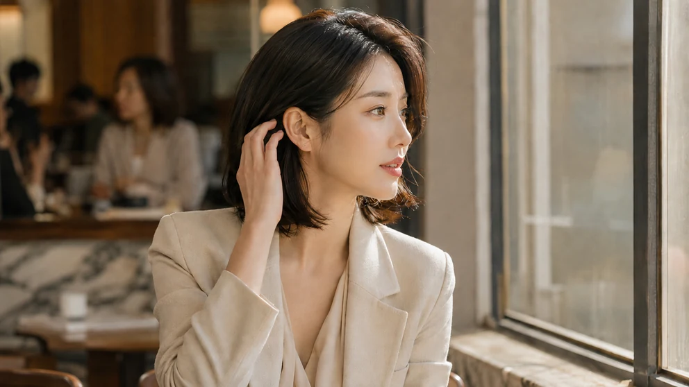 No.082 전체가발 귀 옆이 자꾸 뜰 때, 이어탭과 본머리 두께를 확인하세요 전체가발 착용 후 귀 옆과 관자놀이 위치를 확인하는 여성