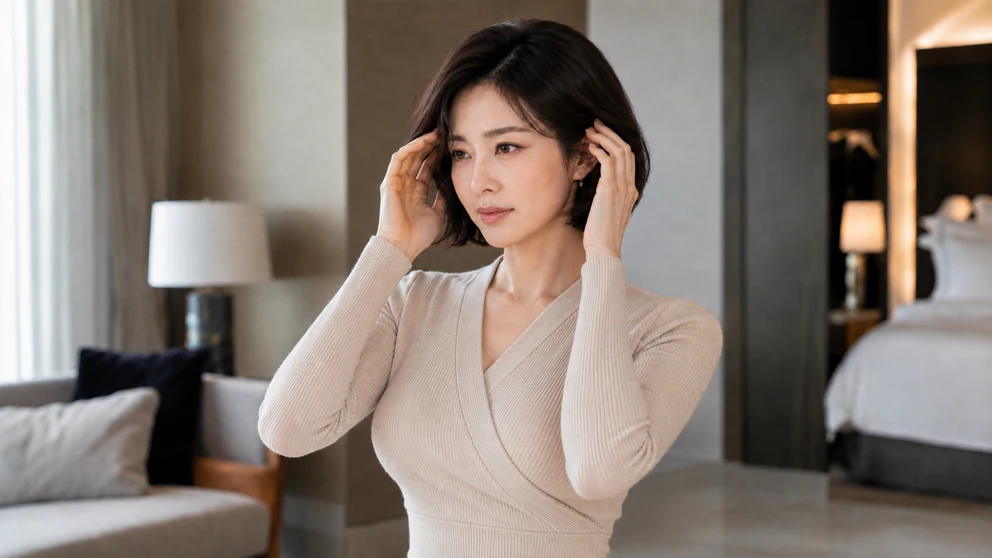 전체가발 착용 후 관자놀이와 귀 옆의 밀착 상태를 확인하는 중년 여성
