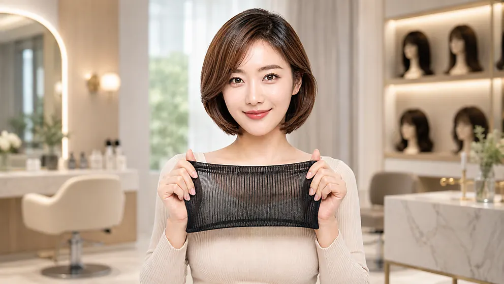전체가발을 착용하기 전 얇은 가발망을 손으로 들고있는 모습