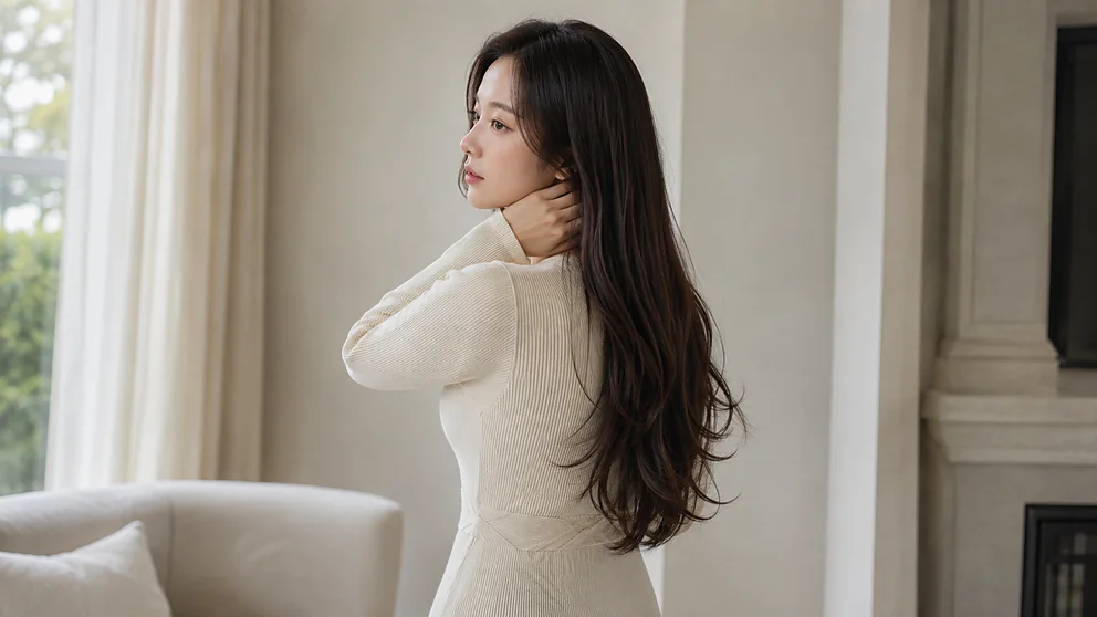 No.076 긴 전체가발이 자꾸 뒤로 밀릴 때, 캡보다 기장과 무게를 먼저 확인하세요 긴 전체가발을 착용한 여성이 목덜미와 가발 위치를 확인하는 모습