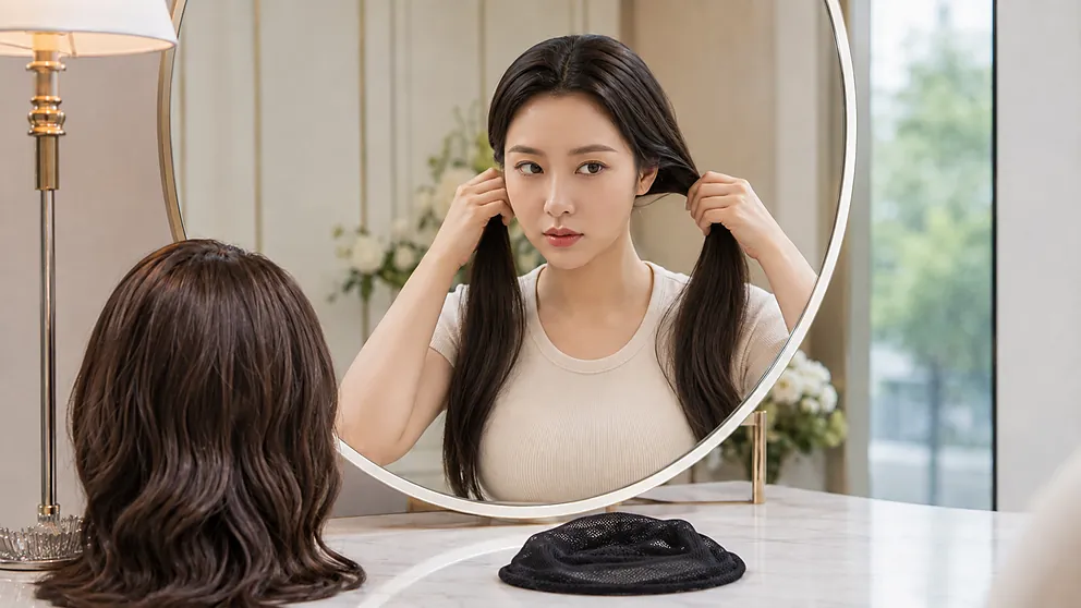 전체가발을 쓰기 전 긴 본머리를 뒤통수에 고르게 나누어 정리하는 여성