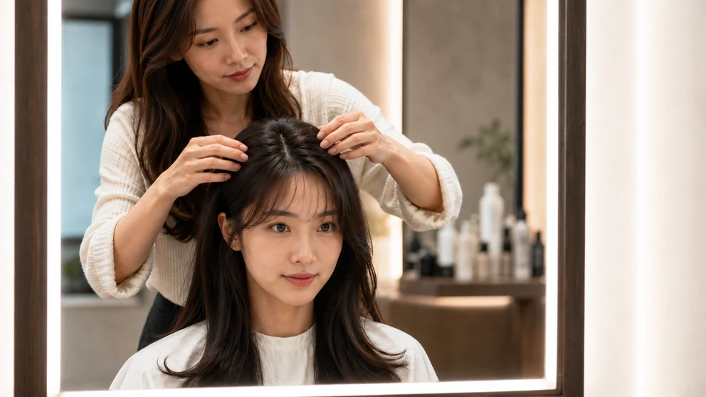 부분가발의 가르마와 정수리 위치를 확인하며 착용 위치를 조절하는 모습