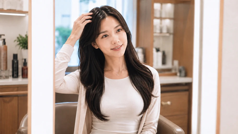 부분가발 클립 위치를 조절해 두피가 당기지 않도록 고정하는 모습