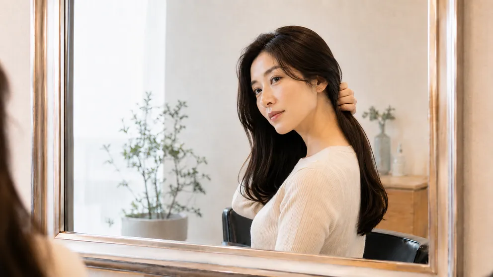 긴 여자가발을 착용하고 거울 앞에서 목 뒤 머리카락 상태를 확인하는 여성