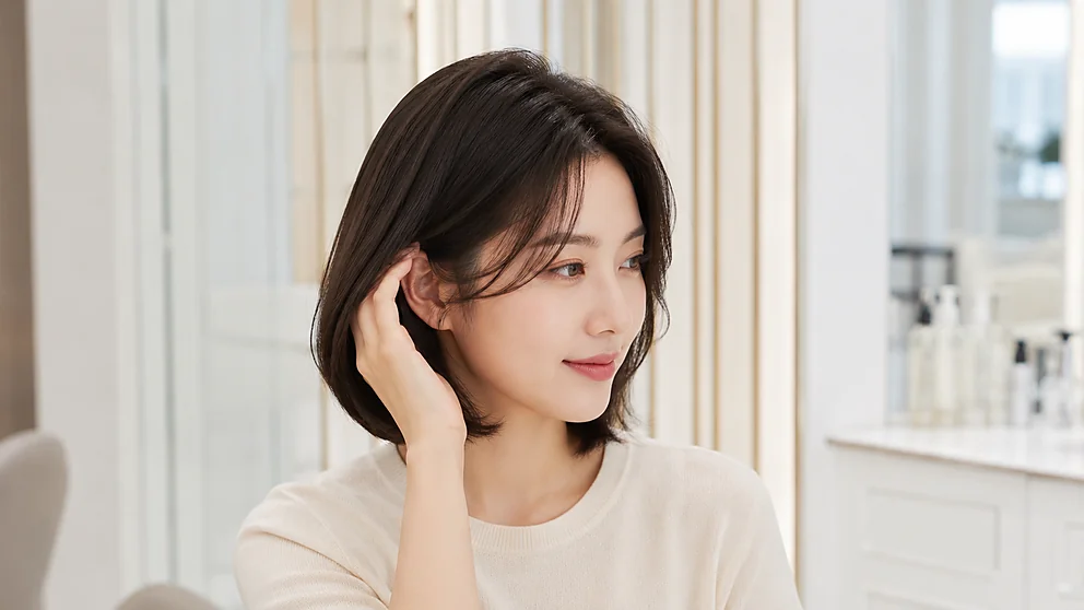 전체가발 착용 후 귀 뒤와 관자놀이의 압박 위치를 확인하는 여성