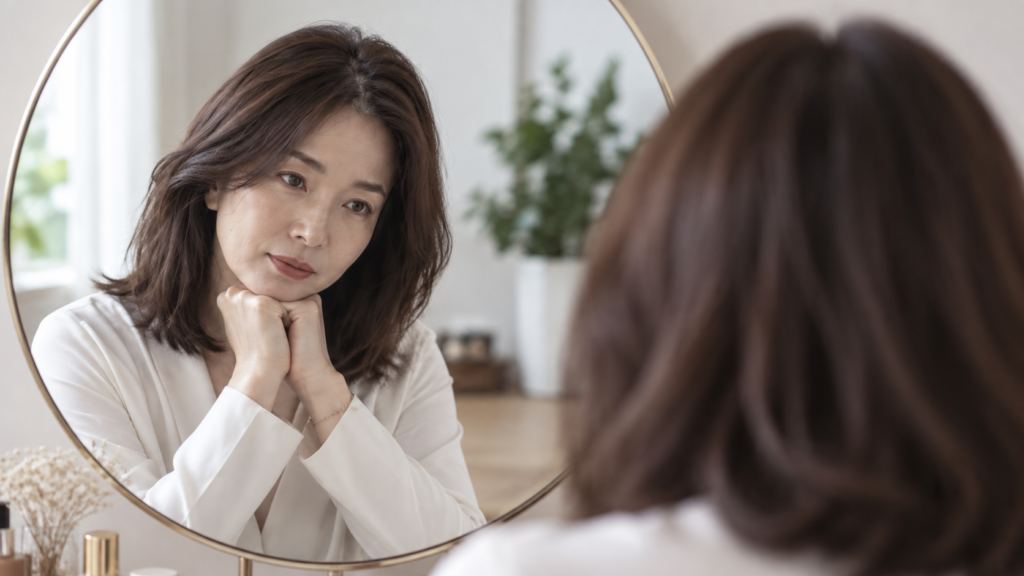 No.102 40대 여성 가르마가 넓어 보이기 시작할 때 가장 먼저 확인할 것 40대 여성이 거울을 보며 가르마와 정수리 상태를 확인하는 모습
