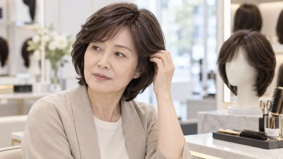 중년 여성이 가발 살롱에서 머리카락 굵기와 가발 숱의 자연스러운 균형을 확인하는 모습