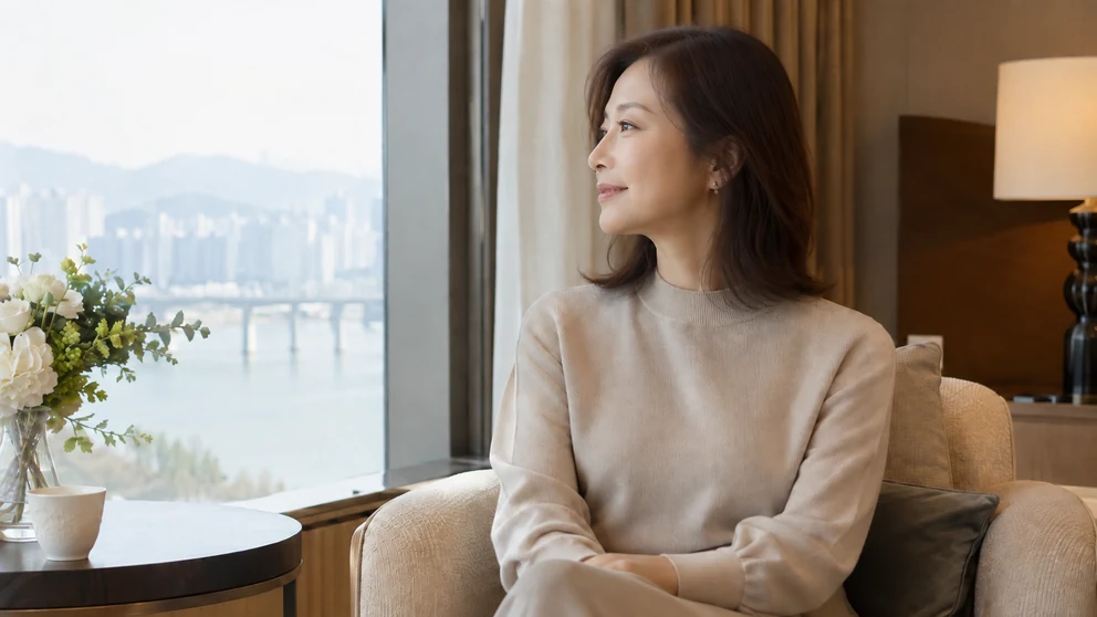 No.112 볼살이 빠지고 머리숱까지 줄었다면, 옆볼륨 위치를 이렇게 비교하세요 자연광이 들어오는 세련된 실내에서 창가 쪽으로 몸을 돌려 앉은 중년 여성의 측면 모습, 광대에서 턱선으로 이어지는 얼굴 옆선과 귀 앞 옆머리의 폭이 드러나 있다