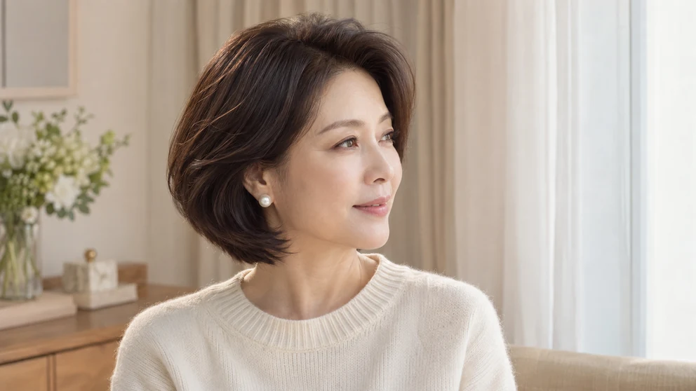 중년 여성이 정수리 부분가발을 들고 본머리의 볼륨과 연결을 확인하는 모습