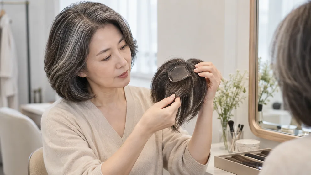 No.109 새치가 많은 중년 여성, 부분가발 색상을 본머리보다 어둡게 고르면 생기는 문제 새치가 많은 중년 여성이 정수리 부분가발을 손에 들고 본머리와 색상을 비교하는 모습