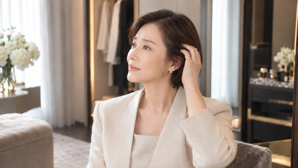 No.111 머리숱이 줄면서 얼굴이 더 길어 보이는 중년 여성, 헤어로 어떻게 보완할까? 관자놀이 옆머리의 볼륨을 손끝으로 확인하는 중년 여성