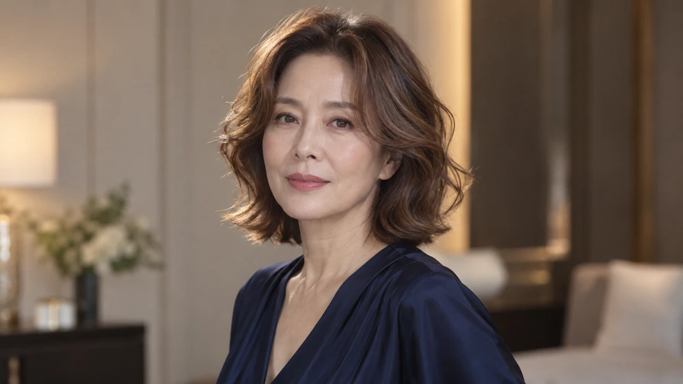 No.117 중년 여성 탈모를 가리려고 강한 웨이브를 넣으면 왜 더 부해 보일까? 쇄골 길이의 느슨한 웨이브 가발을 한 50대 후반 여성이 어깨 너머로 돌아보는 모습, 정수리는 가볍게 살아 있고 끝선은 뭉치지 않게 정리되어 있음