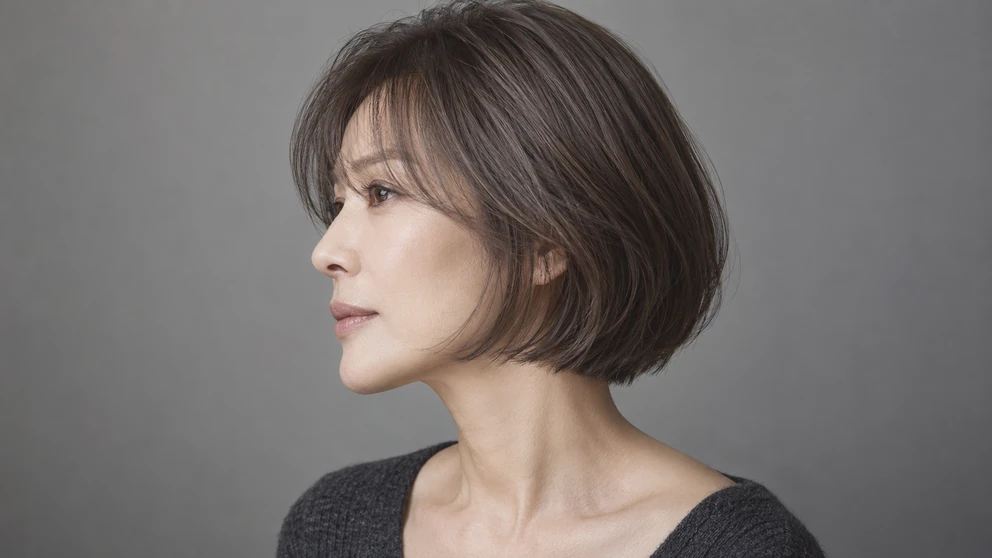 턱선 높이에서 끝나는 단발에 시스루 앞머리를 한 중년 여성의 옆모습, 턱에서 목으로 이어지는 선과 머리끝이 만나는 지점이 드러나 있다