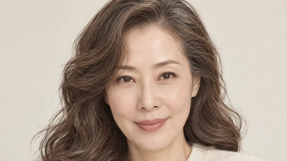 그레이가 섞인 긴 웨이브 머리에 사이드뱅을 넘긴 중년 여성의 정면 모습, 가운데가 내려오고 관자놀이로 갈수록 올라가는 헤어라인 곡선이 드러나 있다