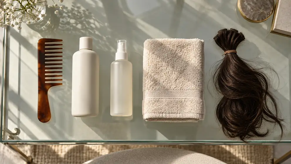 No.099 가발 용어사전 ⑤ 관리·수선·스타일편 — 세척, 엉킴, 밀도, 컬러 적용 대상: 공통 (전체가발·부분가발) 유리 테이블 위에 놓인 가발용 빗과 세정제, 미스트 용기
