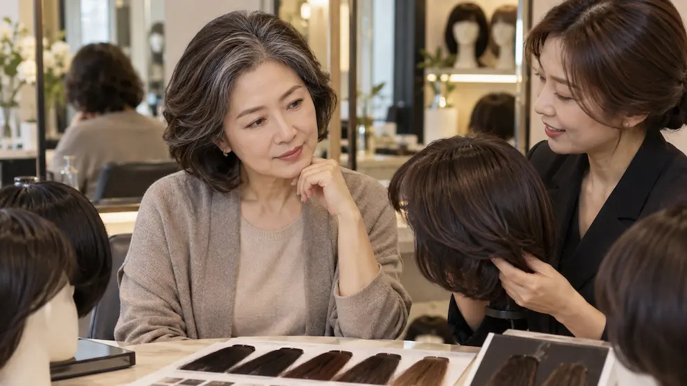 No.108 50대 여성 탈모와 흰머리가 함께 있을 때 가발 색은 어떻게 맞춰야 할까? 50대 여성이 흰머리와 본머리 색을 비교하며 자연스러운 가발 색상을 상담받는 모습