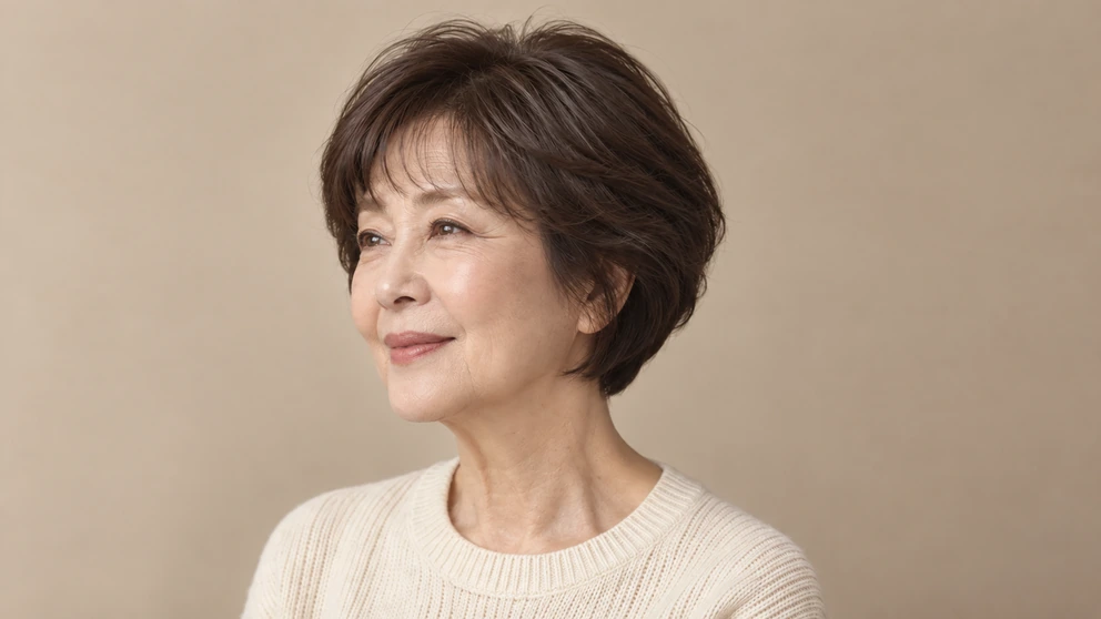 블랙브라운 짧은 단발을 한 60대 여성의 3/4 옆모습, 앞머리와 관자놀이의 모발이 가볍게 정리되어 얼굴선이 드러나 있음