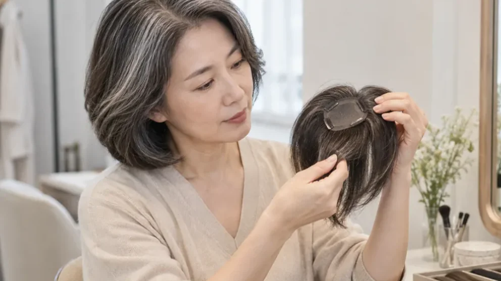새치가 많은 중년 여성이 정수리 부분가발을 손에 들고 본머리와 색상을 비교하는 모습
